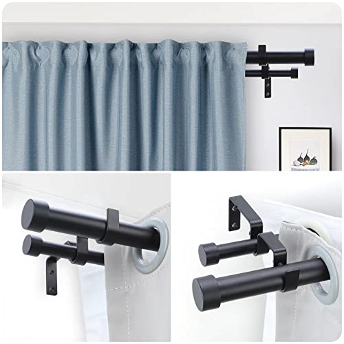 OLV Black Double Curtain Rod, 1 Inch Dual Curtain Rods for Windows 36 to 72 Inch, Heavy Duty Adjustable Telescopic Spliced Window Treatment Rods Set for Living Room Farmhouse
