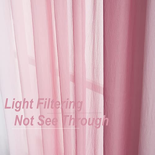 Purainbow Pink Ombre Chiffon Sheer Curtains 84 Inch Long for Living Room Bedroom Decor, Crinkle Gradient Semi Voile Grommet Top Window Curtain Drapes for Girls Room, Garden, Yard, Set of 2 Panels