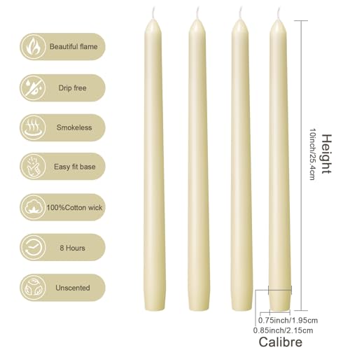 Everymoment Ivory Taper Candles - 4 Pack 10 Inch Candlesticks - Dripless & Smokeless Tapered Candle 8 Hours Unscented Cream Candle Sticks - Perfect for Wedding Holiday Dinner Party Home Decor