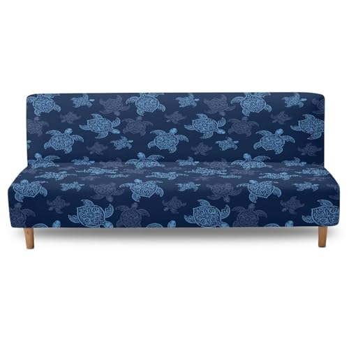 Suobstales Sea Turtle Print Stretch Armless Futon Cover, Futon Mattress Cover Soft Sofa Bed Slipcovers with Elastic Bottom, Foldable Sofa Slipcovers Washable Couch Covers