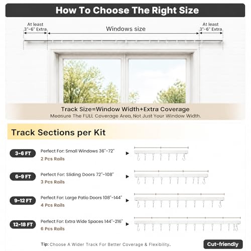 ChadMade Aluminum Ceiling Curtain Track Set with Hooks, 9ft - 12ft Adjustable Length Ceiling/Wall Mount Curtain Rail System For Grommet/Pleated Drape, Sliding Door Track, White