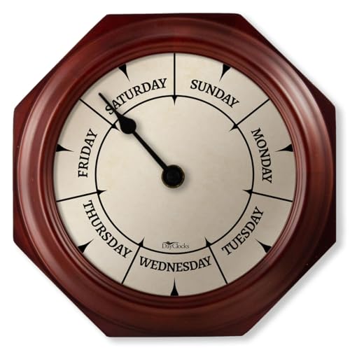 Classic Day of The Week Wall Clock - 10" Solid Mahogany Wood Frame, Ideal Retirement Gift for Men and Women, Day Clock for Seniors and Retirees