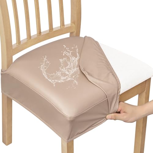 Smiry Waterproof Pu Leather Seat Covers for Dining Room Chairs Set of 4, Stretch Fit Removable Washable Kitchen Chair Seat Slipcovers Protector, No Rear Covers, Khaki