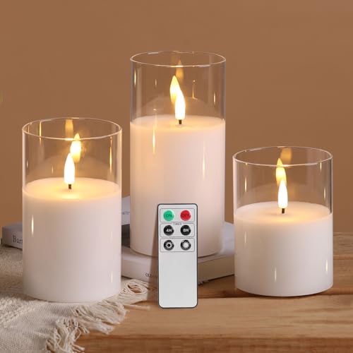 Clear Glass Flameless Candles with Remote Timer, Flickering Battery LED Pillar Candles Set of 3