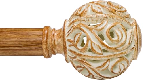 1 Inch Wood Curtain Rod For Windows 48 to 84 Inches, Heavy-Duty Adjustable Decorative Imitation Wood Grain Boho Curtain Rod With Rattan Leaf Hollow Finials For Bedroom 、 Living Room and Famhouse