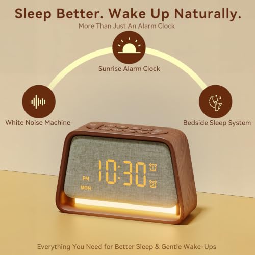 Sunrise Alarm Clock with White Noise Machine Night Light for Bedroom | 20 Sleep Sounds Machine, Digital Alarm Clock with Snooze, Gental Wake Up Light, 0–12 Volume, Deep Wooden