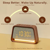 Sunrise Alarm Clock with White Noise Machine Night Light for Bedroom | 20 Sleep Sounds Machine, Digital Alarm Clock with Snooze, Gental Wake Up Light, 0–12 Volume, Deep Wooden
