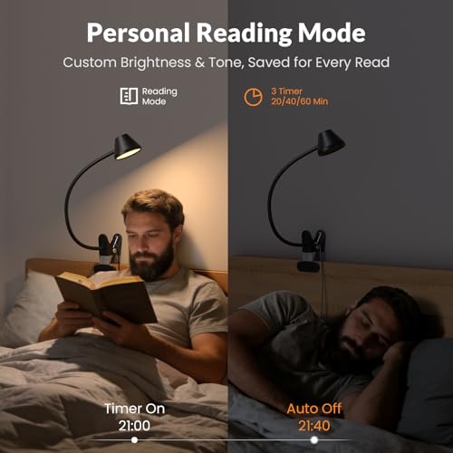 LEPOWER Clip on Light, 7W Reading Lights for Books in Bed with 5 Colors & Stepless Dimming, RG0 Eye-Care, Amber Glow Light & Auto Timer, Strong Clamp with Adapter for Headboard, Bedside, Desk, Black
