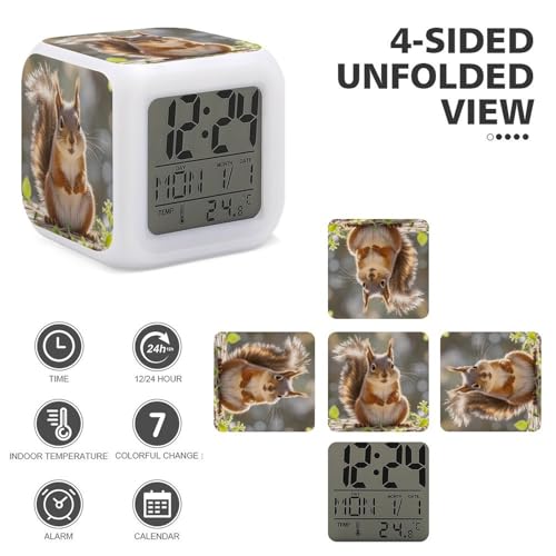 Squirrel Funny Animal Digital Alarm Clock for Heavy Sleepers Small Wake Up Digital Clock with Date Temperature 7 Colors Changing Desk Clock for Bedroom Bedside Nightstand