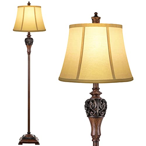 Vintage Floor Lamp for Living Room, Traditional Farmhouse Tall Standing Lamp, Mid-Century Antique Pole Lamp for Bedroom Reading with White Fabric Shade, Rustic Bright Lighting Home Decor