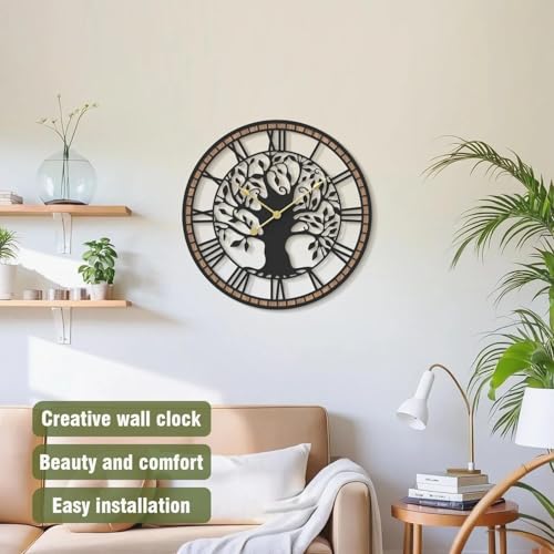 Micasso Wall Clocks Battery Operated: 15 Inch Farmhouse Tree of Life Metal with Wood Frame - Rustic Roman Numerals Clock for Living Room/Home Office/Bedroom/Kitchen - Home Decor for Sofa Accent Wall