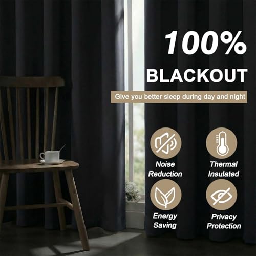 100% Blackout Curtains - Solid Thermal Insulated Thick Fabric Black Blackout Curtains for Bedroom, Grommet Soundproof Window Drapes, 2 Panels, 2x52Wx84L Inches