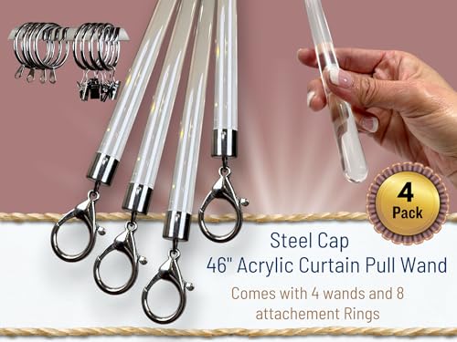 46 inch (4 Pack) Steel Cap Acrylic Curtain Pull Wand - 2 inches shy of 48 inch - Versatile Curtain Wand - Invisible Drapery Wand - Clear Drapery Pull Rod (46 Inch)