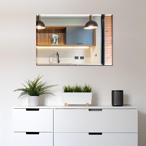 Frameless Bathroom Mirror for Wall, Rectangle Beveled Edge Mirror for Over Sink, Tempered Glass, Shatterproof, Hangs Horizontally or Vertically for Living Room, Entryway, Restroom, 24" x 16"