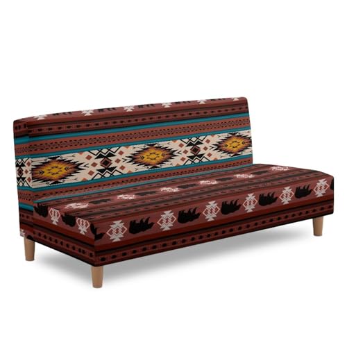 Aztec Bear Futon Cover Sofa Covers Armless Couch Cover Western Navajo Southwestern Ethnic Stretch Futon Slipcover Protector for Living Room Decor