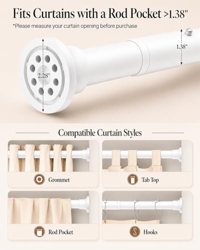 ALLZONE Tension Curtain Rods for Windows 66 to 120 Inches, White Curtain Rods No Drilling, Heavy Duty Extra Long Tension Rod for Curtains, Outdoor Curtains Rod for Patio, Bedroom
