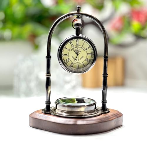 Engraved Brass Desk Clock with Compass: Antique Retirement Gift Personalized Victorian Brass Desk Clock with Integrated Working Compass - Vintage Tabletop Nautical Timepiece for Home/Office Decor