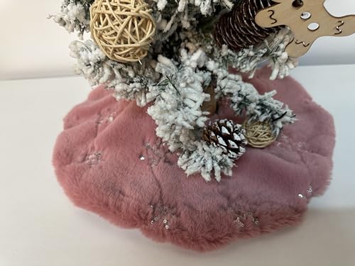 Spring Easter Mini Pink Faux Fur Tree Skirt, 15'' Small Pink Tree Rug with Silver Snowflake, Fluffy Furry Decorations for Pencil Slim Tabletop Tree