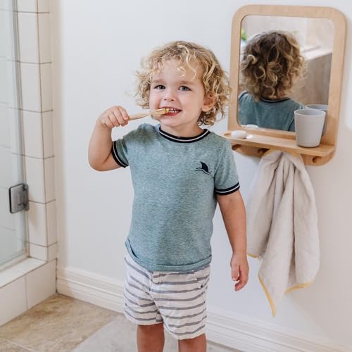 Montessori Wooden and Acrylic Wall Mirror with Hooks for Toddlers - Entryway Mirror with Hooks and Shelf Organizer Self-Care Station