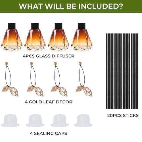 Reed Diffuser Set - 4 Empty Bottles with 20 Sticks, Delicate Gold Leaf Decor, Glass Fragrance Diffuser with Lids for Home, Bathroom | Refillable, Diamond Style (4 PCS Black)
