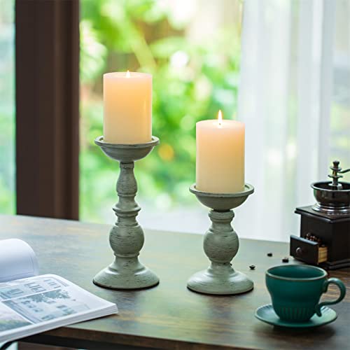 Sziqiqi Pillar Candles Holders for Table Centerpiece, Set of 2, Sage Green