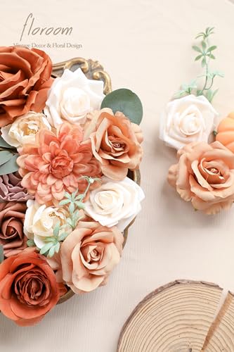 Floroom Terracotta Artificial Flowers Burnt Orange Fake Roses Peonies Dahlia Greenery Combo Box Set for DIY Wedding Bouquets Bridal Shower Centerpieces Floral Arrangements Party Tables Home Decoration