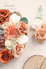Floroom Terracotta Artificial Flowers Burnt Orange Fake Roses Peonies Dahlia Greenery Combo Box Set for DIY Wedding Bouquets Bridal Shower Centerpieces Floral Arrangements Party Tables Home Decoration