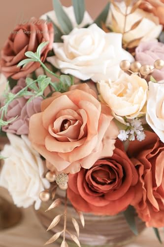 Floroom Terracotta Artificial Flowers Burnt Orange Fake Roses Peonies Dahlia Greenery Combo Box Set for DIY Wedding Bouquets Bridal Shower Centerpieces Floral Arrangements Party Tables Home Decoration