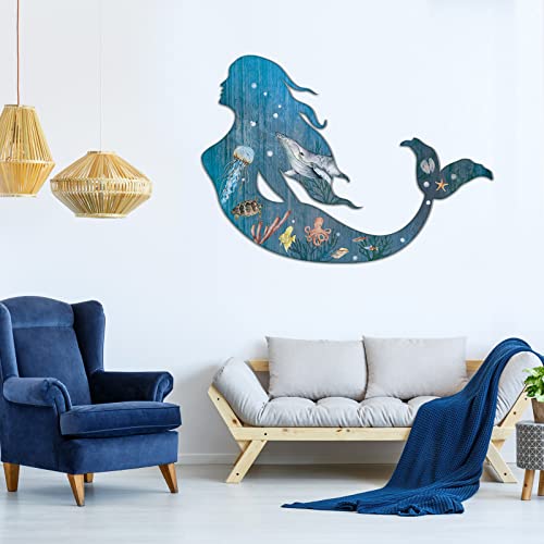 Pelopy 2 Pack Metal Mermaid Wall Art Rustic Bathroom Hanging Mermaid Wall Decor Blue Sculpture Decorations for Room Patio Swimming Pool Bathroom