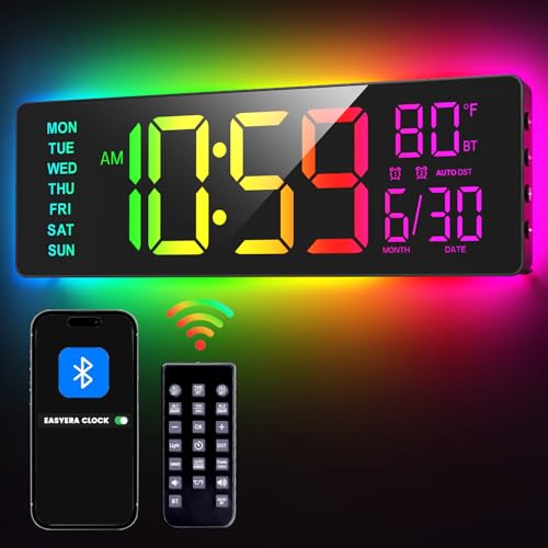 EASYERA 16.5" Large Digital Wall Clock with BT Sync, RGB Lights with 11 Scenes Mode Remote Control, Big LED Clock with Dual Alarms, Auto DST, Temperature for Classroom Gaming