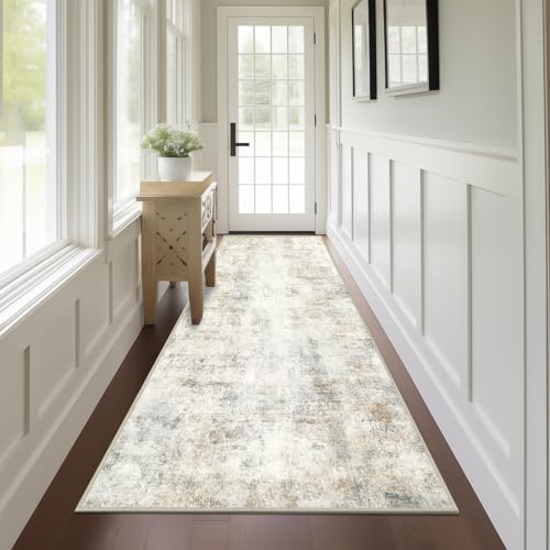 Capslpad 2x8 Washable Runner Rug, Modern Non-Slip Hallway Runner Rug, Abstract Low Pile Kitchen Rug, Soft Print Faux Wool Rug for Entryway, Bedroom, Kitchen, Laundry, Light Beige