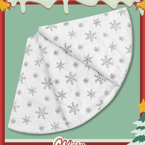 Christmas Tree Skirt, 48 Inch White Luxury Faux Fur & Silver Sequin Snowflakes, 4ft Xmas Tree Skirt for Holiday Tree Ornaments Christmas Party Home Decorations
