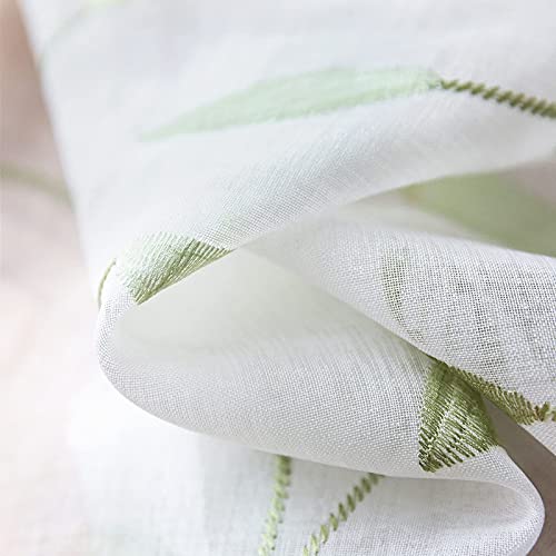 Lazzzy Embroidered Sheer Curtains Floral Leaf White Sheer Curtain for Bedroom Living Room Kitchen Rustic Voile Drapes Privacy Window Treatment Set of 2 Panels 96 Inches Long Grommet Top Green on White