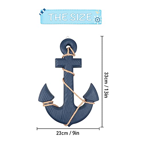 13" Nautical Wooden Anchor with Rope Nautical Beach Wood Anchor Wall Art Decor Door Hanging Ornament Beach Theme Home Decoration (Blue)
