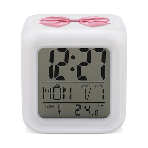 Pink Bow Alarm Clock Night Light Alarms for Bedroom Smart Digital Alarm Clock LED Display Clocks with 7 Colorful Ambient Lights Sleep Timer for Heavy Sleepers Simple Operation