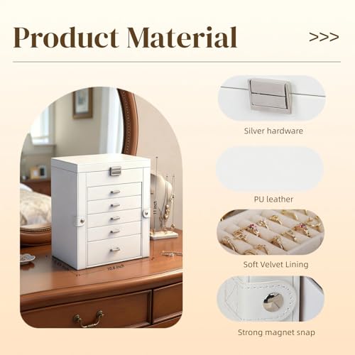BOOVO Large Jewelry Box for Women, 6 Layer Jewelry Organizer with 5 Drawer and Side Doors & Necklace Hooks, Leather Jewelry Storage Boxes for Earrings, Rings, Bracelets