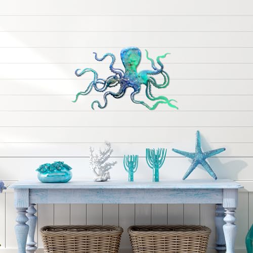 Zhengmy Octopus Metal Wall Art Octopus Wall Decor 18 x 11 Inch Extra Large Tropical Nautical Hanging Sculpture Beach Ocean Theme Home Bedroom Decoration Summer Gifts(Ocean Blue)