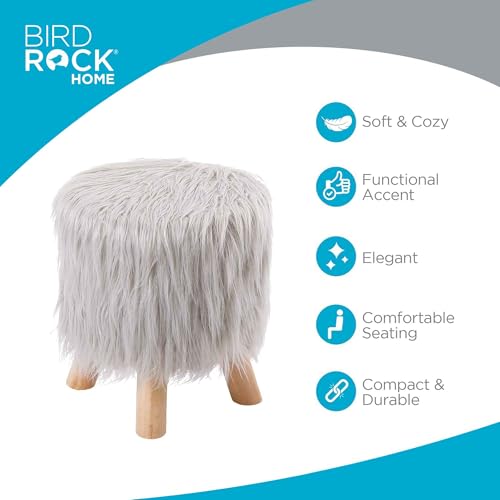 BIRDROCK HOME Small Faux Fur Foot Stool Ottoman – Upholstered Vanity Chair with Natural Wood Legs - Soft Compact Padded Seat or Accent Chair for Makeup Room, Living Room or Bedroom (Silver)
