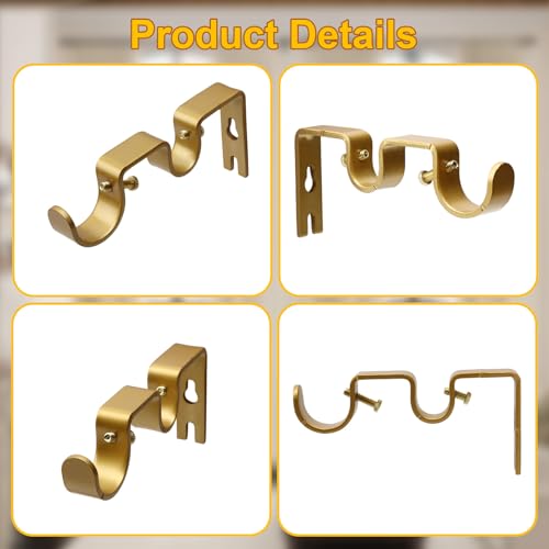 Double Curtain Rod Bracket 6 Pack Metal Curtain Rod Holders for Wall Sturdy Curtain Bracket for 1 Inch Curtain Rod Gold Wall Mounted Curtain Rod Hooks for Bedroom Living Room Patio