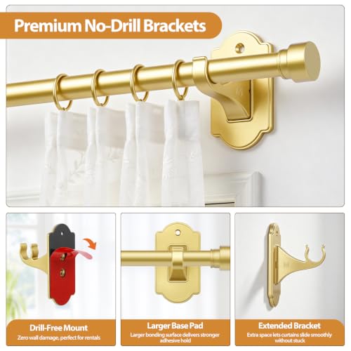 TONIAL Gold Curtain Rods No Drilling for Windows from 40 to 53 Inches, 5/8 Inch Curtain Rod 32 to 58 Inch with Adhesive Brackets without Drilling, Renter Apartment Friendly Adjustable Drapery Rods