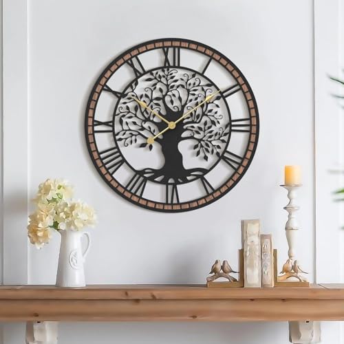 Micasso Wall Clocks Battery Operated: 21Inch Farmhouse Tree of Life Metal with Wood Frame - Rustic Roman Numerals Clock for Bedroom/Home Office/Living Room - Home Decor for Trendy Fashionistas