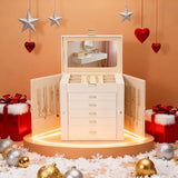 BOOVO Large Jewelry Box for Women, 6 Layer Jewelry Organizer with 5 Drawer and Side Doors & Necklace Hooks, Leather Jewelry Storage Boxes for Earrings, Rings, Bracelets
