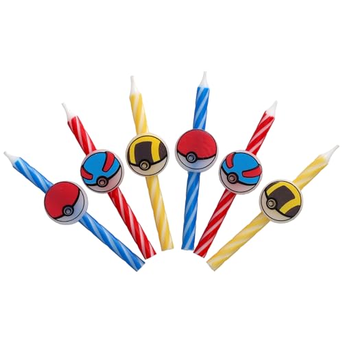 Pokémon Birthday Cake Candles | 6 Birthday Candles for Cake Decorations, Red, Blue, Yellow Striped Candles, Poké Ball Cake Toppers for Pokémon Party