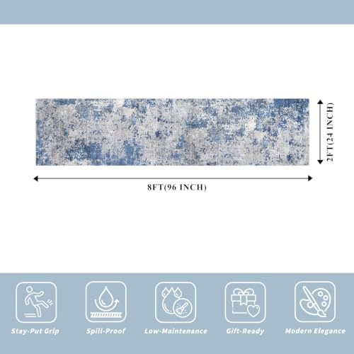 2x8 Washable Non-Slip Hallway Runner Rug – Modern Coastal Abstract Neutral Stain-Resistant Low-Pile Carpet Runner for Kitchen Entryway Bedroom Bathroom (Blue Ivory Grey,2x8)