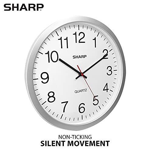 Sharp Wall Clock – Silver, Silent Non Ticking 14 Inch Quality Quartz Battery Operated Round Easy to Read Home/Kitchen/Office/Classroom/School Clocks, Sweep Movement