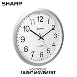 Sharp Wall Clock – Silver, Silent Non Ticking 14 Inch Quality Quartz Battery Operated Round Easy to Read Home/Kitchen/Office/Classroom/School Clocks, Sweep Movement