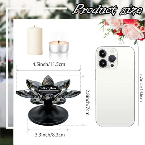 1 PC Black Crystal Flower Tea Light Holder, Glass Tealight Candlestick with Metal Base, Votive Candle for Table Centerpiece, Wedding/Parties Decor, Nice Gift