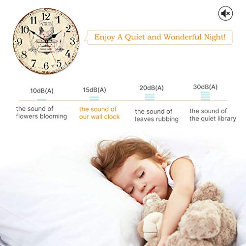 Rustic Wall Clock French Country Vintage 14 Inch Battery Operated Silent Non-Ticking Wooden Wall Clocks Retro Arabic Numerals Animal Hen Style (Gourmet Kitchen)