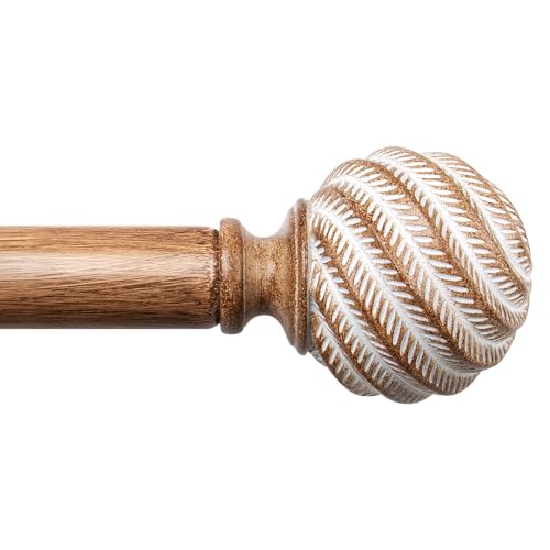Wood Curtain Rods for Windows 66 to 120 Inches, TONIAL 1'' Adjustable 32-120 Inch Long Drapery Rod with Wood Grain Leaf Pattern Finials, Boho Decorative Style for Living Room, Bedroom, Outdoor, Brown