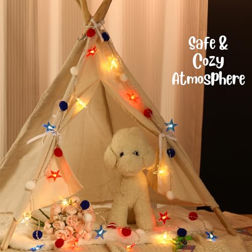 4th of July Decorations 9.5FT Red White Blue Pompom String Lights Battery Operated 8 Lighting Modes & Timer 20 LED Patriotic Fairy Lights for Independence Day, Memorial Day, Presidents Day, Bedroom